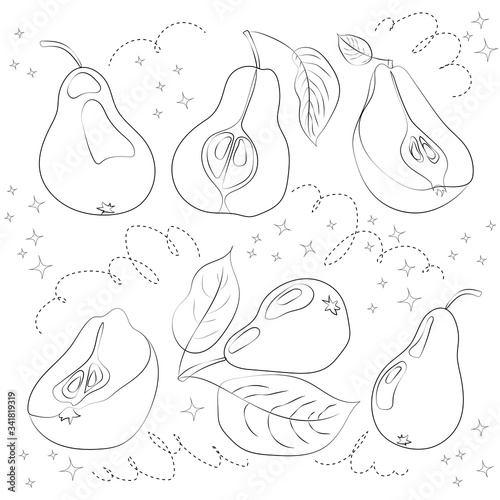 Black and white pears isolated on white background. Vector illustration. Decorative retro style pear product for restaurant menu, market label, coloring book.