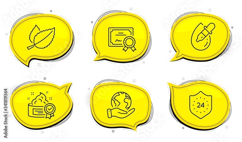 Cream sign. Diploma certificate, save planet chat bubbles. Mint leaves, 24 hours and Eye drops line icons set. Mentha herbal, Protection, Pipette. Best lotion. Medical set. Outline icons set. Vector