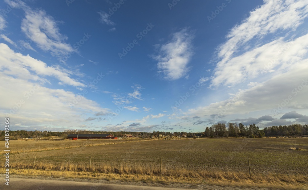 Beautiful landscape view with fields, forest trees and blue sky with white clouds. Gorgeous spring backgrounds. Sweden.
