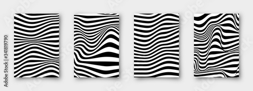 Set of 4 abstract vector wavy backgrounds. Striped simple minimalistic linear monochrome posters for your business.