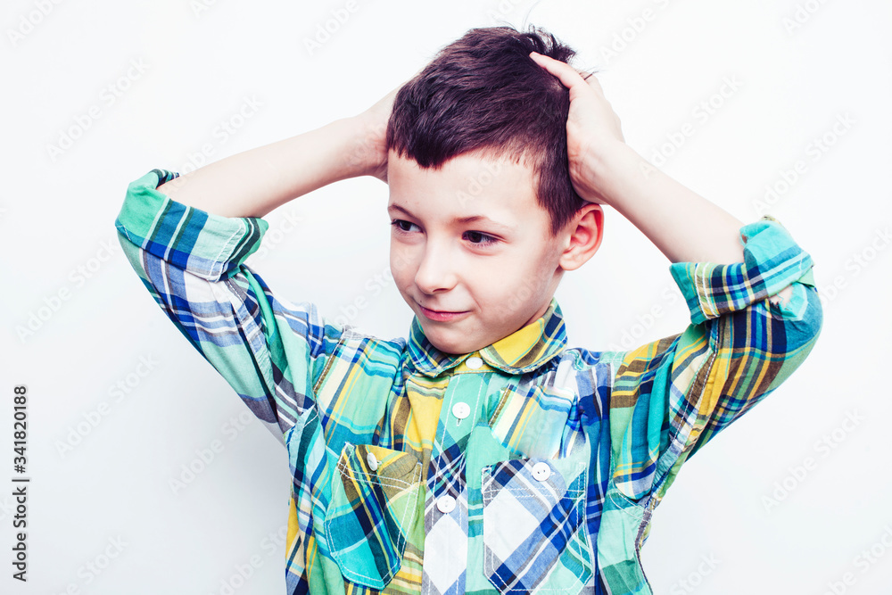 little cute real boy on white background gesture smiling close up, lifestyle people concept little cute real boy on white background gesture smiling close up, lifestyle people concept