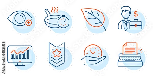 Typewriter, Frying pan and Shoulder strap signs. Statistics, Businessman case and Leaf line icons set. Farsightedness, Safe time symbols. Financial report, Human resources. Business set. Vector