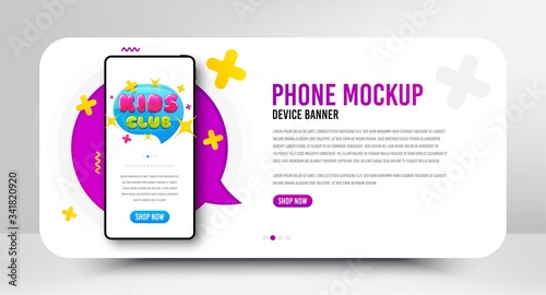 Kids club icon. Phone screen mockup banner. Fun playing zone banner. Children games party area icon. Social media banner with smartphone screen. Shopping mockup web template. Vector