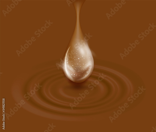 Oozing shining 3d drop of chocolate caramel syrup or coffee. Delicious sweet liquid dessert, symbol of organic nutrition, tasty components, healthy cooking, dripping, melting sugary topping sauce.