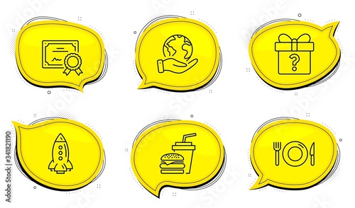 Food sign. Diploma certificate, save planet chat bubbles. Rocket, Hamburger and Secret gift line icons set. Spaceship, Burger with drink, Unknown package. Restaurant. Business set. Vector