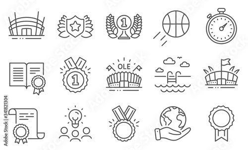Set of Sports icons, such as Sports arena, Swimming pool. Diploma, ideas, save planet. Arena stadium, Diploma, Laureate award. Reward, Honor, Timer. Approved, Basketball, Laureate line icons. Vector