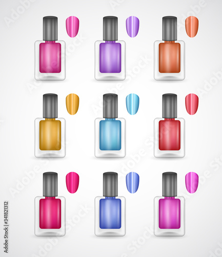 Nail polish glass bottles set isolated on white background. 3d glamorous containers, multi colored enamels. Copy space for branding. Decorative manicure fingernail shape varnish color samples for ads.