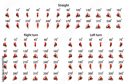 A set of 72 moped with deliveryman from different angles. Animation of the rotation of a moped with driver by 15 degrees, in isometric. 