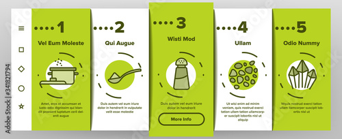 Salt Flavoring Cooking Onboarding Icons Set Vector. Salt On Human Tongue And In Bowl, Fish And Meat, Package And Bag, Shaker And Bottle Illustrations