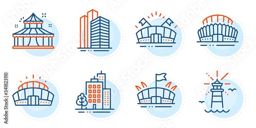 Arena, Arena stadium and Circus signs. Lighthouse, Buildings and Sports stadium line icons set. Skyscraper buildings symbol. Navigation beacon, City architecture. Buildings set. Vector