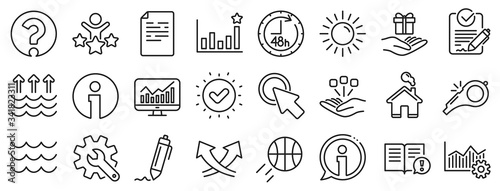Customisation, Global warming, Question mark icons. Waves, sun, efficacy line icons. Signature Rfp, Information, Efficacy. Waves, Consolidation, Operational excellence. Question mark, whistle. Vector