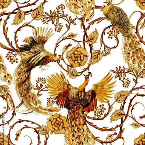 gold chains and peacock seamless pattern. luxury illustration. golden bird. love design.  luxury jewelry. riches seamless background. photo