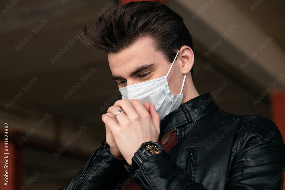 sick man coughing with sore throat; concept of man with allergy, phlegm, sore throat or throat