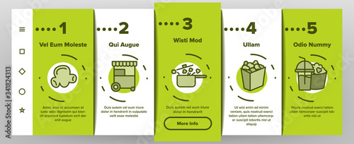 Popcorn Tasty Snack Onboarding Icons Set Vector. Glasses, Cup With Drink And Paper Bucket Filled Popcorn For Watch Movie In Cinema Illustrations