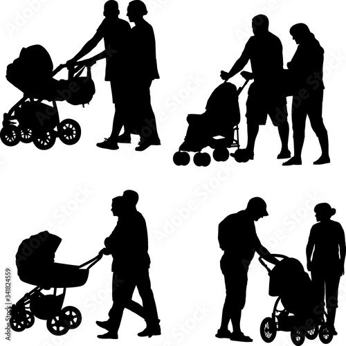 silhouette of mom, dad and pram