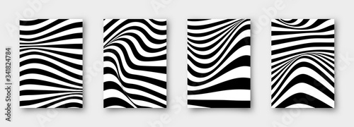 Set of 4 abstract vector wavy backgrounds. Striped simple minimalistic linear monochrome posters for your business.