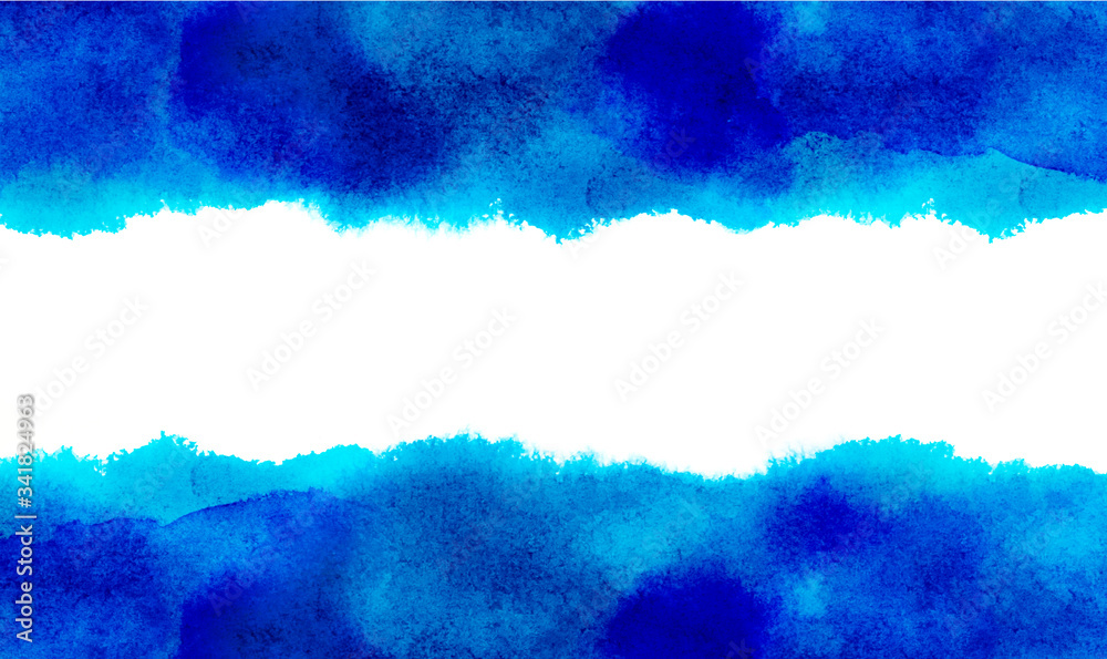 Watercolor brush texture background. Blue color paint stain splash water pattern on white paper, hand drawing