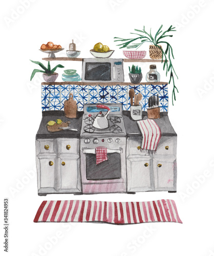 Watercolor composition, a fragment of the interior design of the kitchen in the Scandinavian style. The design of furniture in the style of Hugge, and beckons to stay at home. 