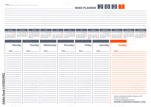 Week Planner 2021 Calendar Vector Design Template
