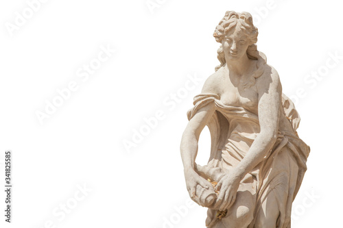 The goddess of love and beauty in Greek mythology, Aphrodite (Venus in Roman mythology) Fragment of ancient stone statue isolated on white background.