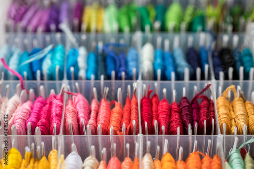 background of multicolored embroidery threads in a box