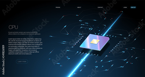 Futuristic microchip processor with lights on the blue background. Quantum computer, large data processing, database concept. Future technology development CPU and microprocessors for machine