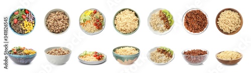 Set of different healthy dishes with quinoa on white background. Banner design