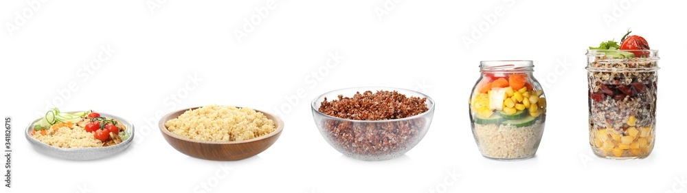 Set of different healthy dishes with quinoa on white background. Banner design