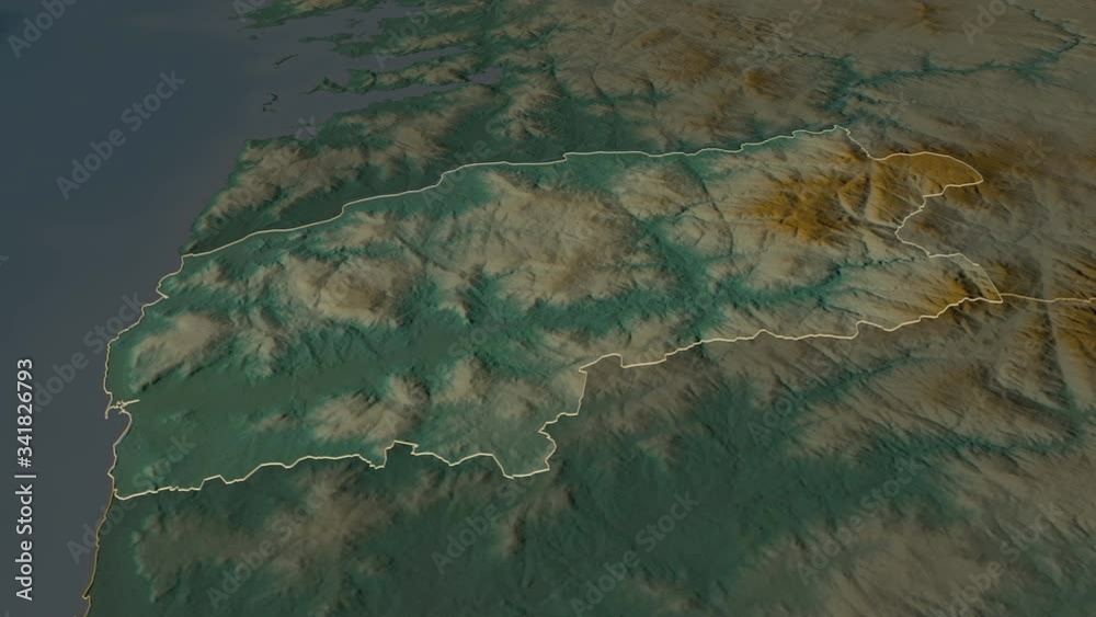 Viana do Castelo, district with its capital, zoomed and extruded on the relief map of Portugal in the conformal Stereographic projection. Animation 3D