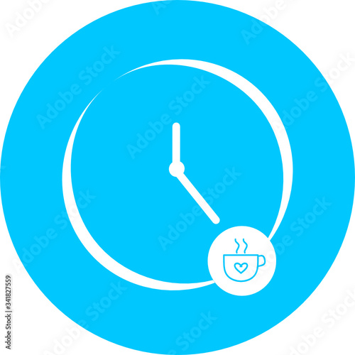 Coffee time, clock, watch in blue circle icon. Concept of UI design elements. Digital countdown app, user interface kit, mobile clock interface. It's time to drink, coffee, break vector sign