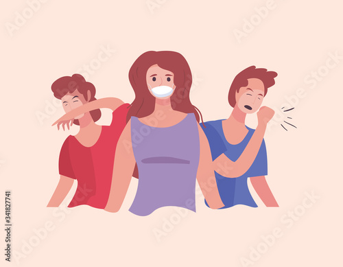 Woman with mask men sneezing and coughing vector design