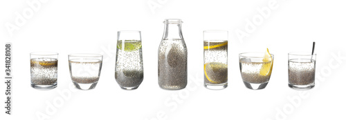 Set of different drinks with chia seeds on white background. Banner design