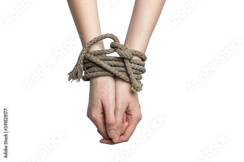 The white woman's hands are tied with an old rope