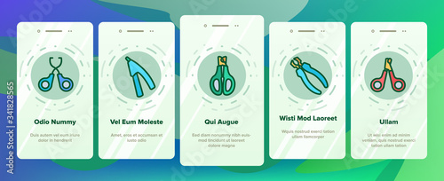 Pet Nail Clippers Onboarding Icons Set Vector. Cutting Pet Nail Scissors Accessory, Metallic Bottle Spray, Manicure Cut Tool Illustrations