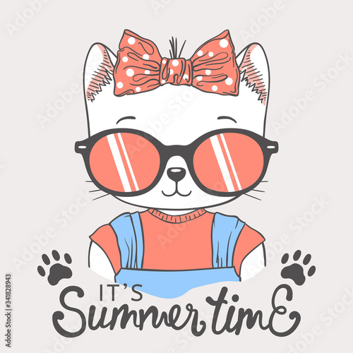 Cute cat girl face with sunglasses, footprint. Summer Time slogan