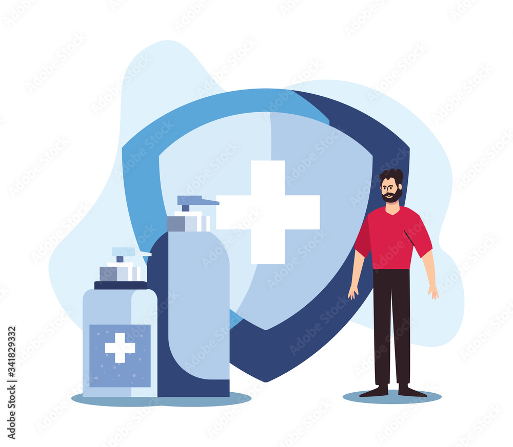 Man shield cross and soap bottles vector design Man shield cross and soap bottles vector design