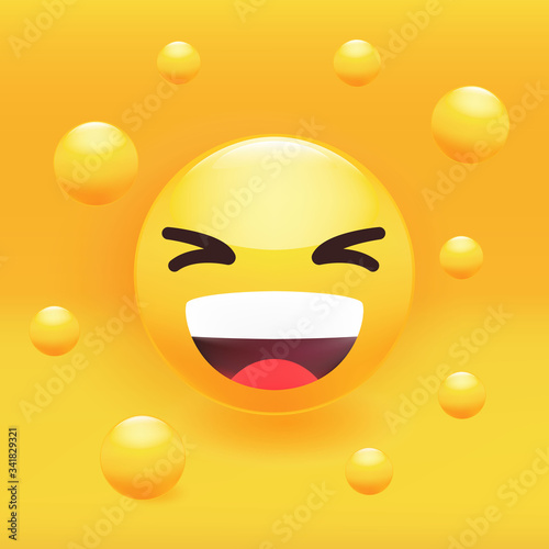 Funny face laughing loudly, smiling, yellow emoticon. Premium vector.