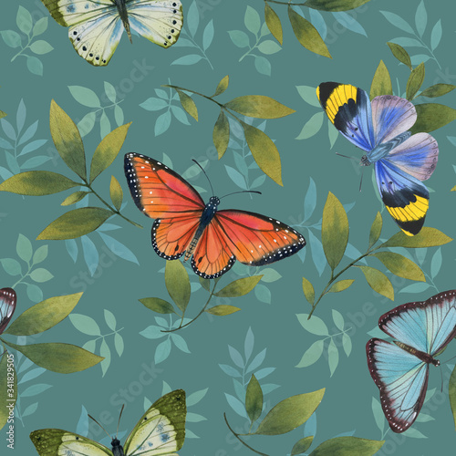 Seamless watercolor pattern. Drawn leaves and butterflies on a green background. Art ornament for background and print. drawn leaves of different shades.