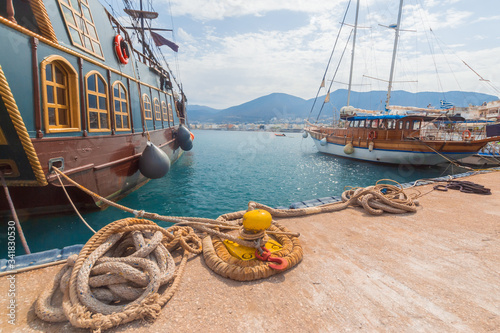 old traditional ship in Crete town Hersonissos Day foto. Greece vacation. photo