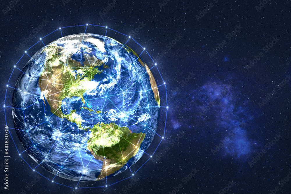 Earth planet of solar system. Data exchange and global network over the world. Science fiction wallpaper. Elements of this image were furnished by NASA.