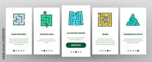 Maze Puzzle Different Onboarding Icons Set Vector. Maze Labyrinth Research And In Human Head, Direction And Locked, Keyhole And Heart Shape Illustrations