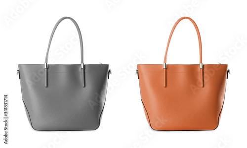 Set of different woman's bags on white background