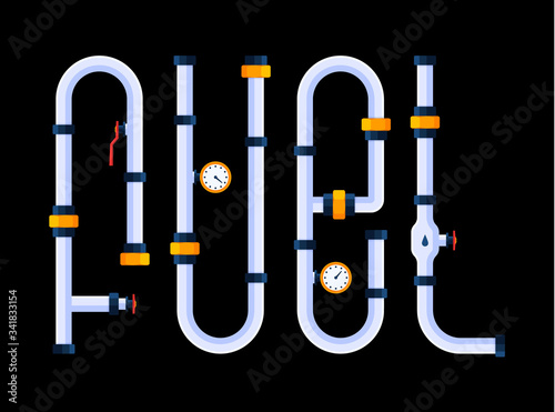 Fuel is a creative concept. The word fuel is made in a cartoon style of font in the form of pipes.