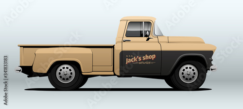 Vintage pickup truck in vector. Side view with perspective.

