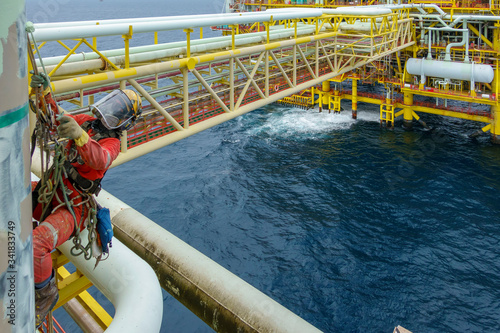 Working at height. An abseiler wearing Personal Protective Equipment (PPE) hanging  at the edge for painting with background open sea and oil and gas platform.