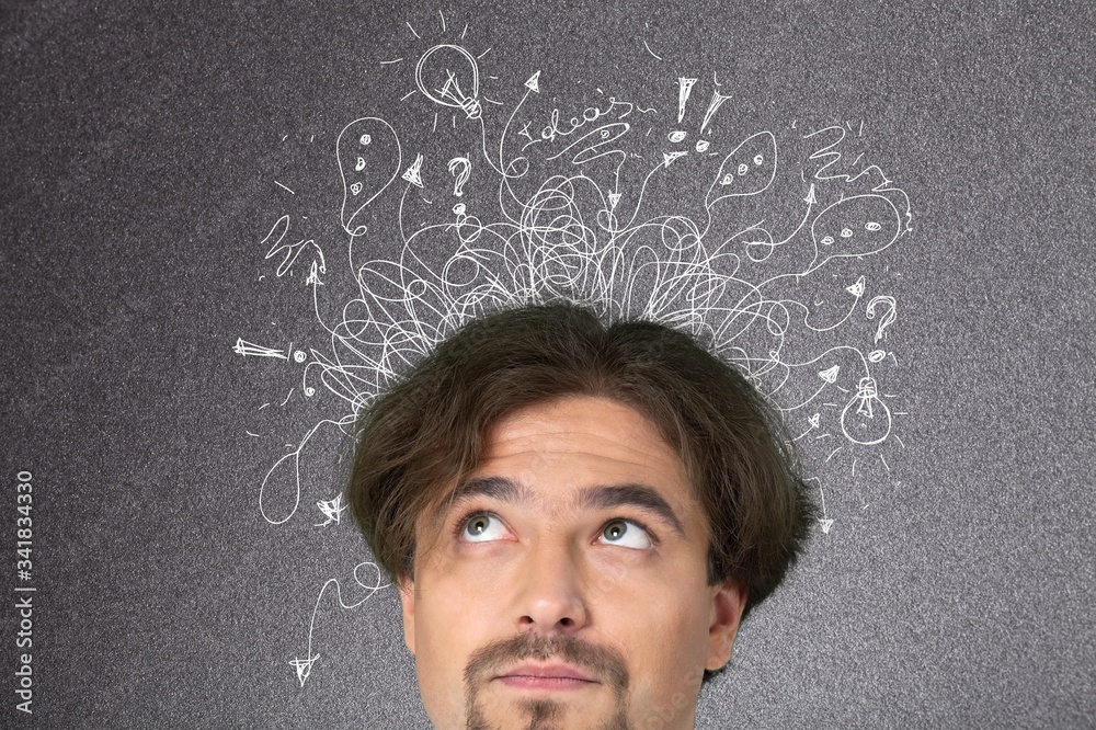 Adult man feels stress and anxiety with drawing illustrations Adult man feels stress and anxiety with drawing illustrations