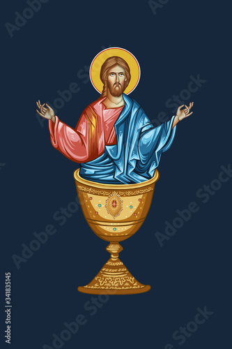 Heaven Liturgy. Jesus in the communion bowl. Religious illustration in byzantine style