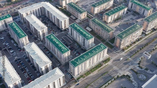 Residential block of high rise apartment buildings in a big city in Europe. Siti Kvart in Podgorica Montenegro on a sunny morning. Aerial view footage. photo