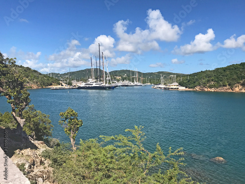 View of boats in English Harbour as seen from Fort Berkeley Guard House in Antigua and Barbuda, Caribbean, Lesser Antilles, West Indies with blue sky copy space and Cassie bushes in the foreground.