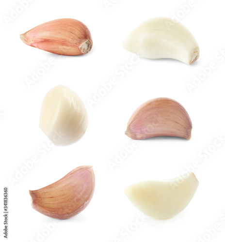 Set of garlic cloves on white background